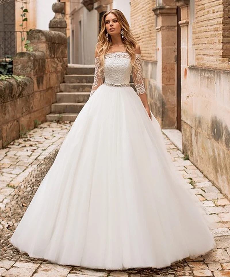 

Sexy A Line Wedding Dress Lace Appliques Off The Shoulder Bridal Dress 3/4 Sleeves Wedding gowns Floor Length