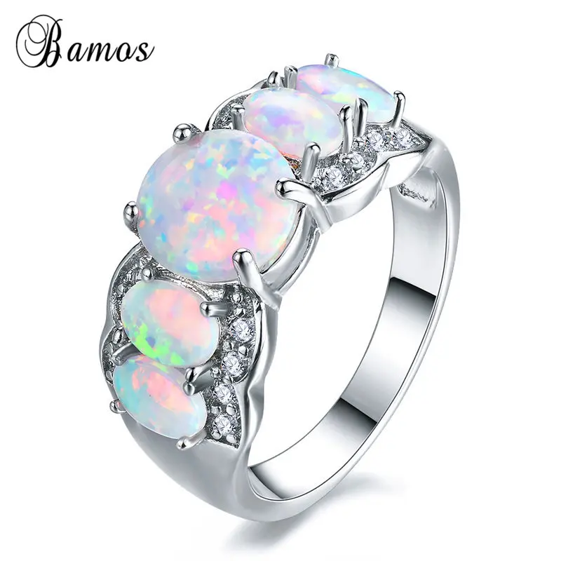 Bamos Fashion Vintage Opal Wedding Ring Round Rainbow Finger Rings 925 Sterling Sliver Filled Bride Jewelry Birthstone Gifts | Украшения и