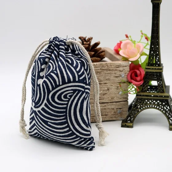 wave 10pcs/lot Cute Linen Drawable Cotton Bags 9x12cm Handmade Travel Packaging Pouches Dry Small Cloth Jewelry Cotton Bags for Party - Цвет: wave