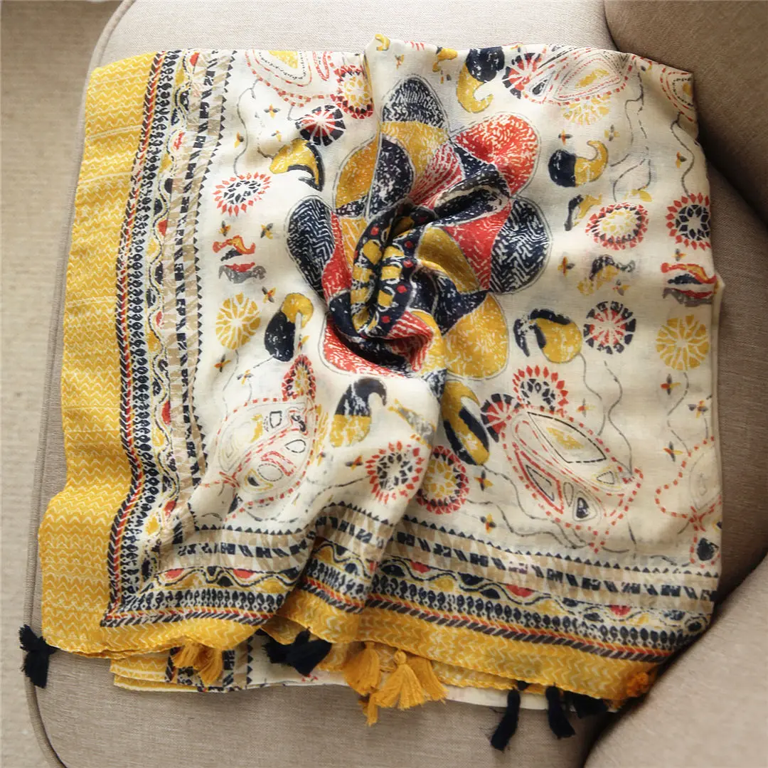 Ретро желтый этнический стиль шарф MS осенний длинный с бахромой тонкий шаль|long