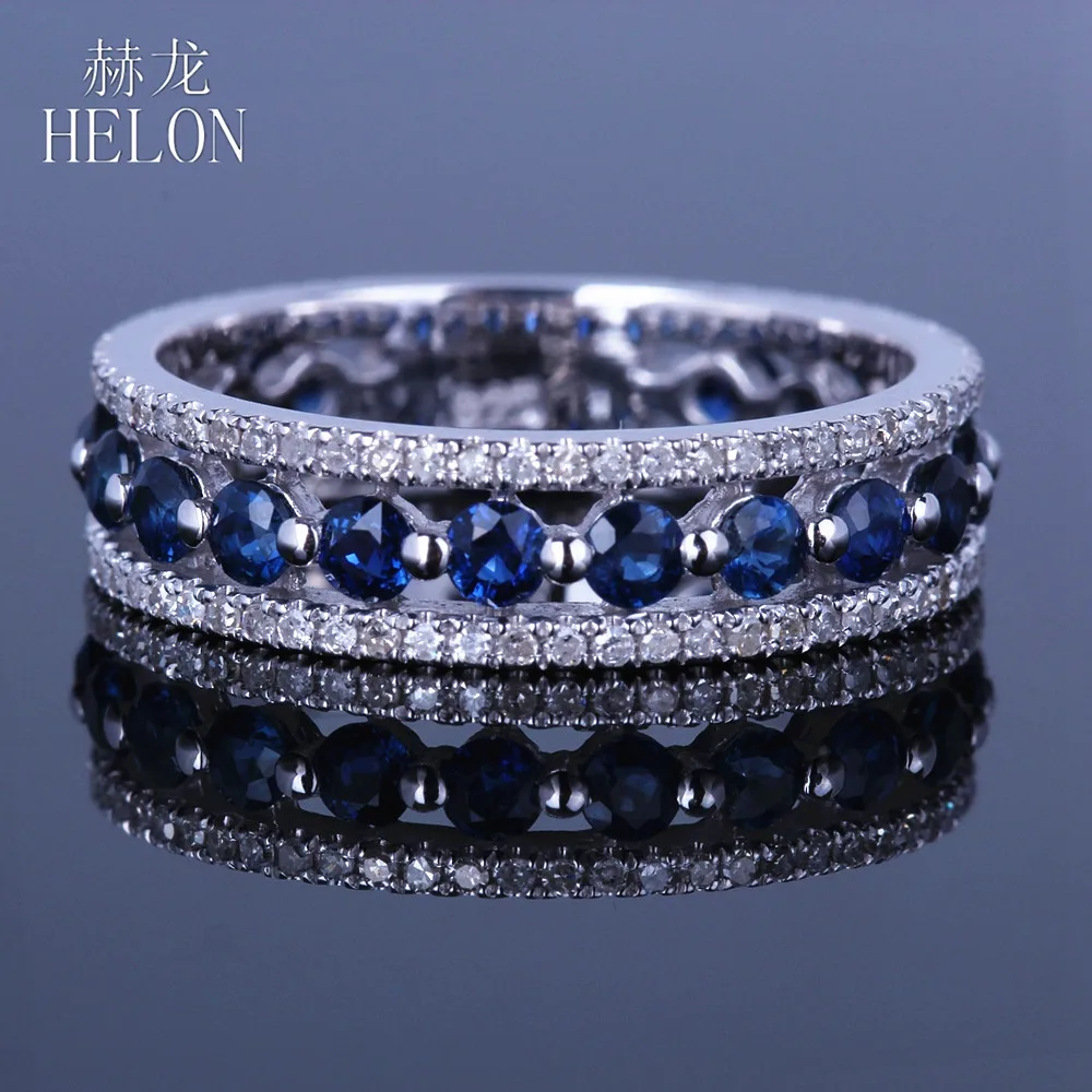HELON Real 10 к белое золото 1.7CT H/SI круглый натуральный бриллиант& сапфиры обручальное кольцо женские свадебные модные ювелирные изделия
