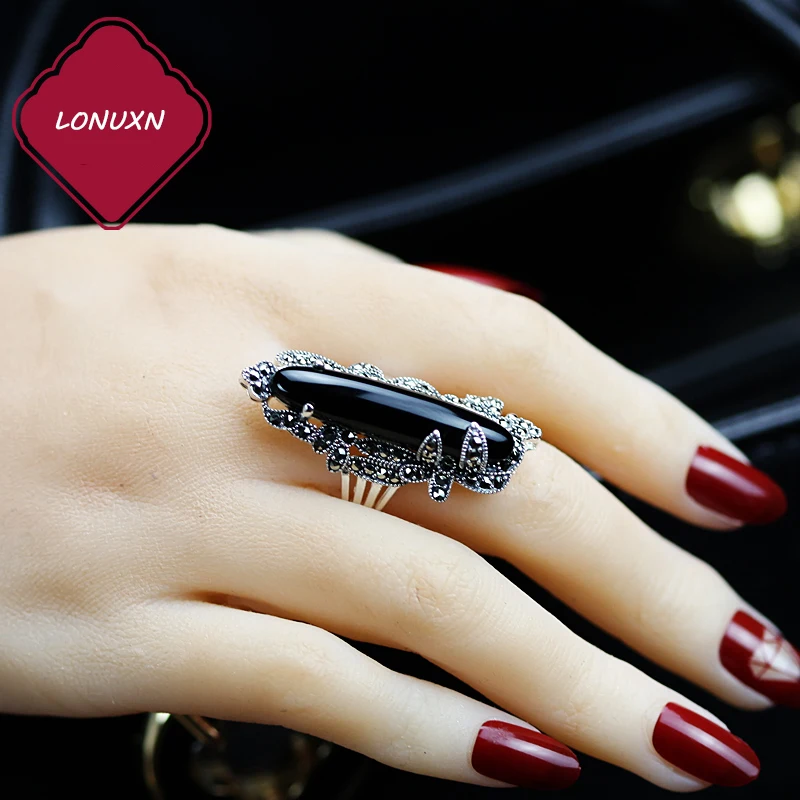 

High quality 925 sterling silver Vintage 925 sterling silver Natural stones Black chalcedony rings Bohemia lovers best gift