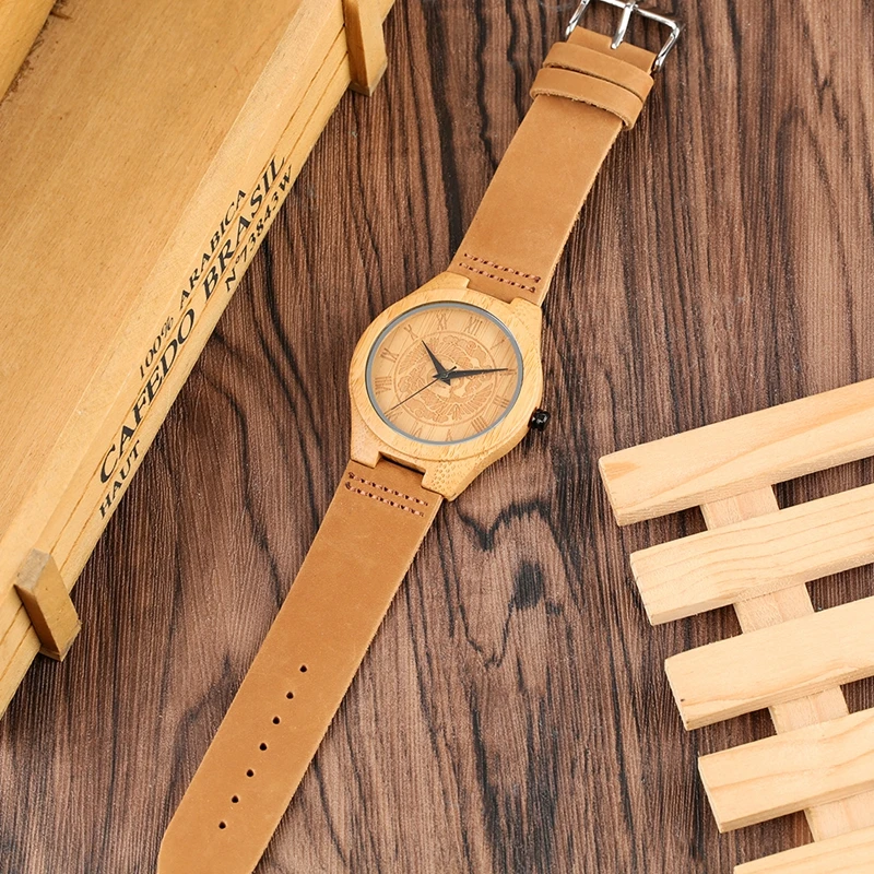 Men's Wooden Watches with Unique Craving Pine Tree Dial Quartz Analog Roman Numeral Bamboo Wristwatch for Teenager M | Наручные часы