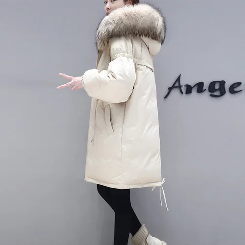 beige Новинка, женский зимний пуховик, свободный, Повседневный, однотонный, пальто с меховым капюшоном, корейский стиль, верхняя одежда, теплая, утолщенная, AC242 - Цвет: beige