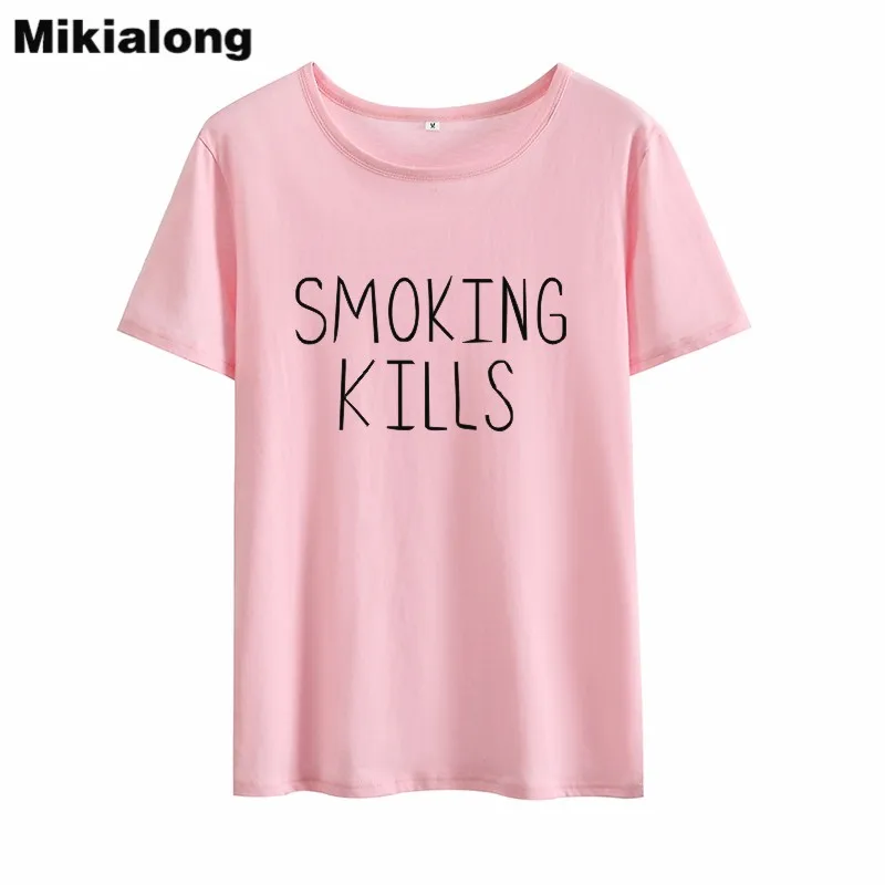 Mikialong SMOKING KILLS Летний Топ для женщин 2018 Женская хлопковая футболка с коротким