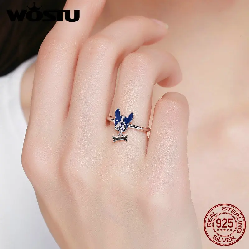 WOSTU Горячая Мода 925 пробы Серебряный Французский бульдог Собака палец кольцо для женщин бренд S925 серебряные ювелирные изделия подарок CQR321