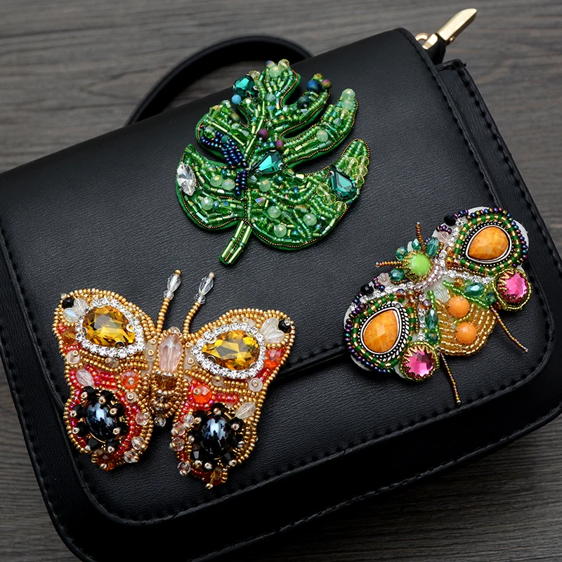 Вышивка бисером ручной работы 3D оранжевый цвет Бабочка лист блестки аппликация