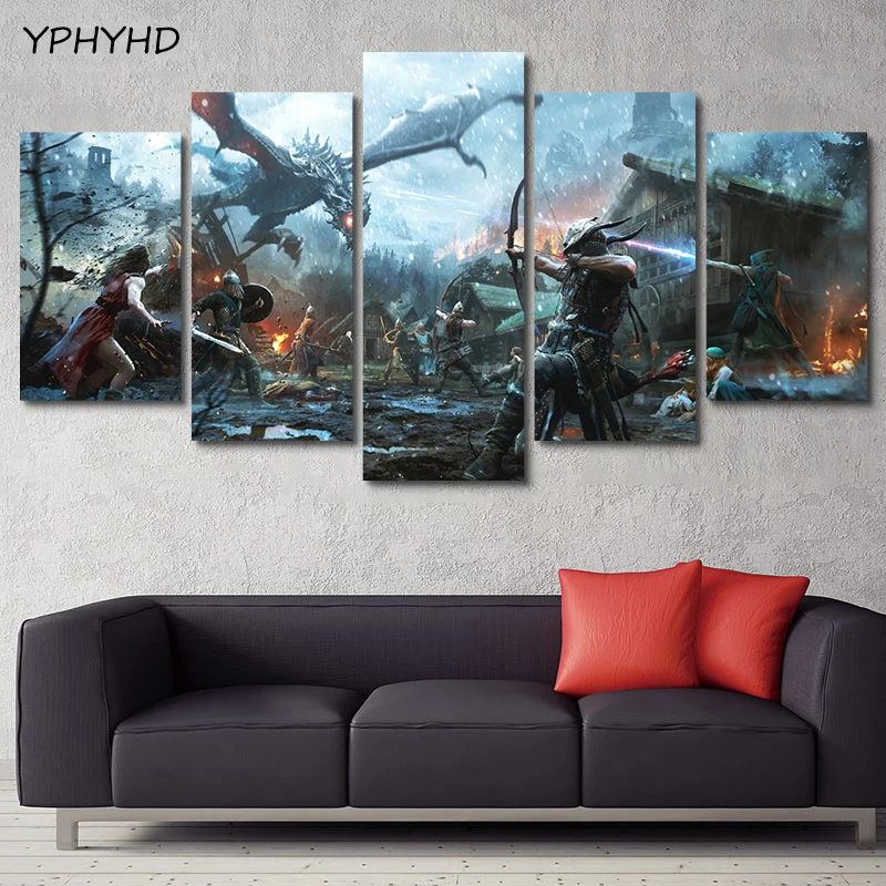 YPHYHD печать HD искусство современный 5 шт. воин Боевая картина с драконом плакат