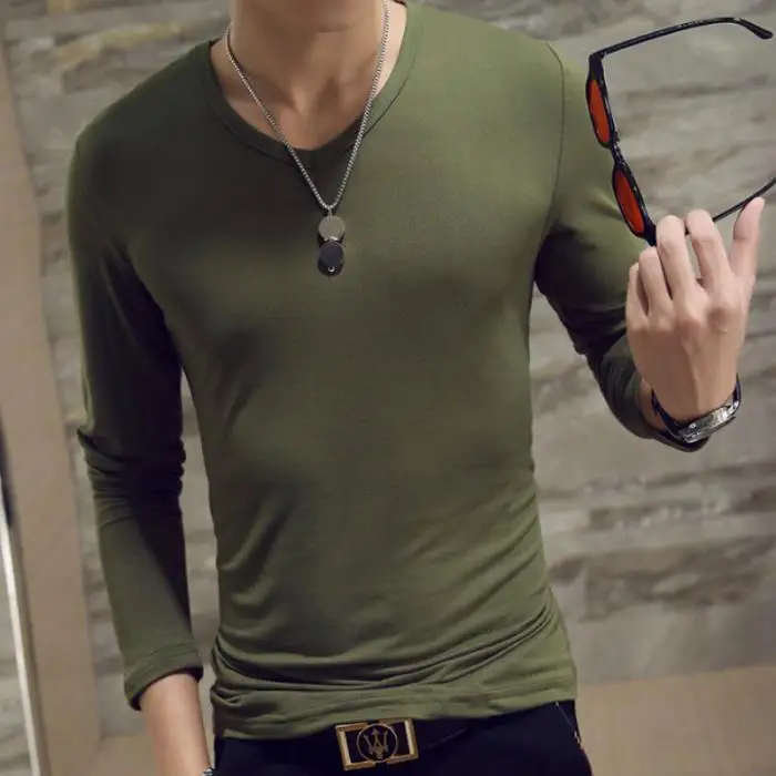 Men Autumn T-shirts Long Sleeves V Neck Pullover Slim Fit Casual Minimalist Male Tops XIN-Shipping