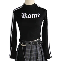 punk womens letter short t shirt sports lever splicing slim crop top black long sleeve casual tee shirts
