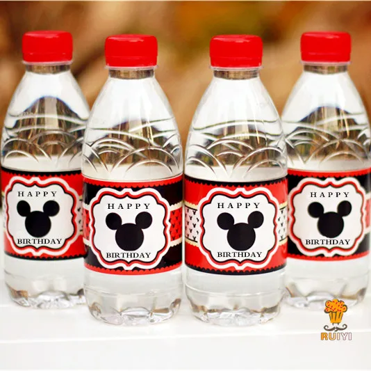 24 шт. Микки Маус бутылка для воды label моноблок украшения Дети день рождения поставки Baby Shower вечере aw-0604
