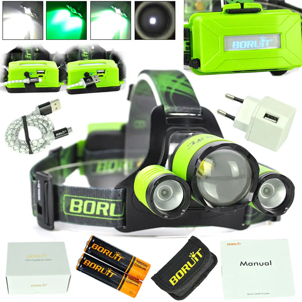 

BORUIT B22 Rechargeable Zoomable Headlamp XM-L2+2X XPE Green LED Hunting Micro USB Headlight Zoom Head Torch 18650 Battery