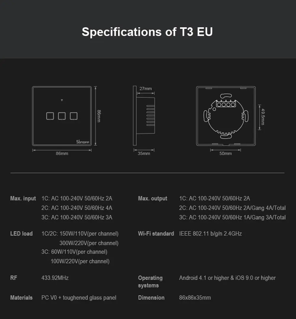Интеллектуальный выключатель света SONOFF T3EU TX Smart Wi-Fi настенный сенсорный выключатель Черный с границы умный дом 1/2/3 433 RF/Голосовое управление/приложение Управление работает с Amazon Alexa