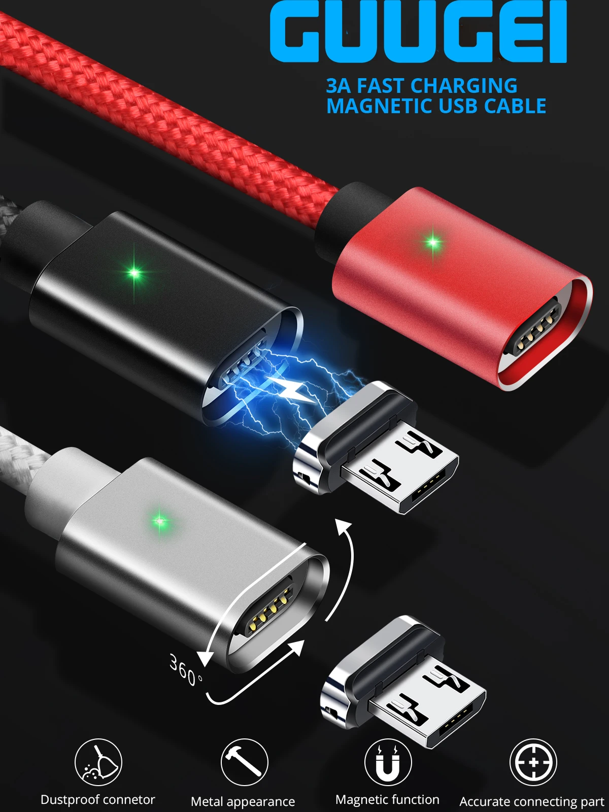 GUUGEI Магнитный кабель Micro USB кабель 3A Быстрая зарядка зарядный шнур Android кабель для передачи данных для мобильного телефона светодиодный индикатор шнур синхронизации