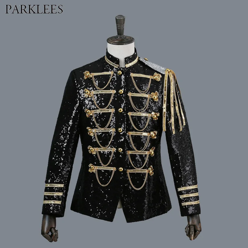 

Men's Stand Collar Shiny Black Sequin Blazer Jacket 2018 Brand New Single Breasted Blazer Masculino Party Stage Singer Costumes