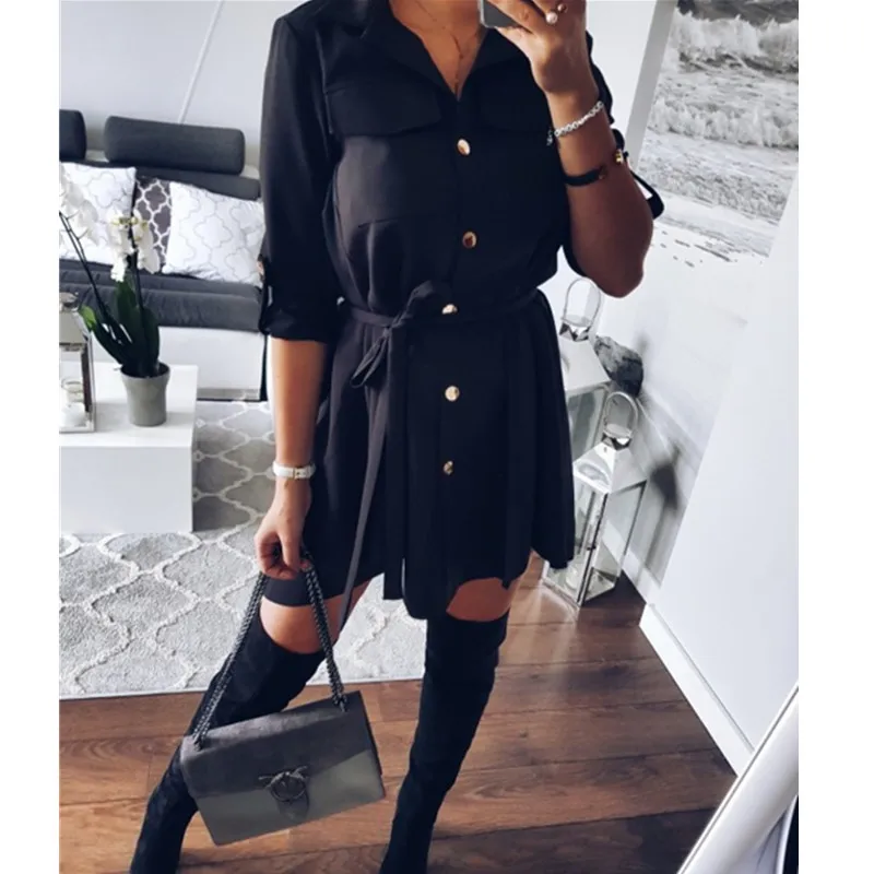 

Women Shirt Dress Sexy Slim Single Breasted Turn-down Collar Mini A-line Dress Sashes High Waist Pleated Wrap Dresses Vestidos