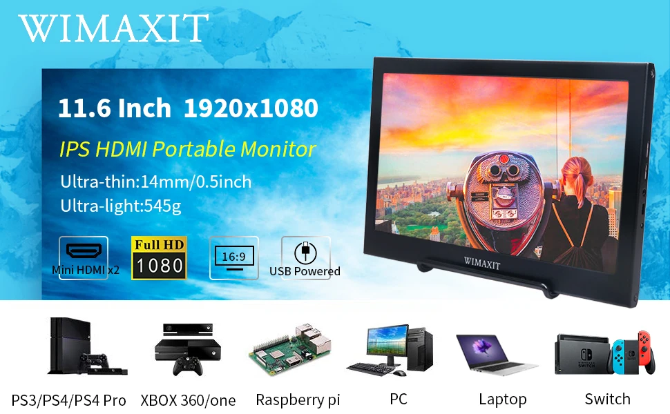 WIMAXIT M1160S портативный монитор 12 дюймов 1920X1080 16:9 дисплей Питание от USB HDMI монитор ультра-тонкий двойной колонки для PS3/PS4/PC