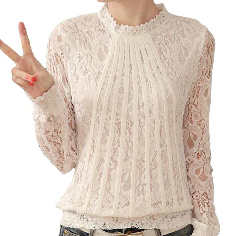 2016 Blusas Женская модная кружевная блузка с длинным рукавом весенне осенняя одежда