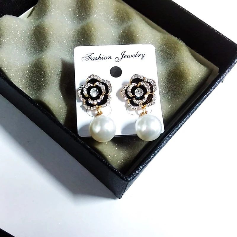 Брендовые золотые Хрустальные черные жемчужные серьги flwoer для женщин модные