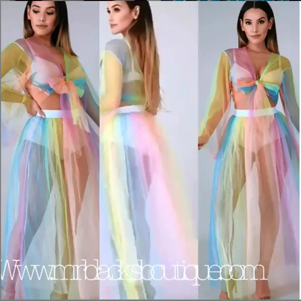 2019 Женский Летний Пляжный Радужный сетчатый секси галстук топ короткий макси