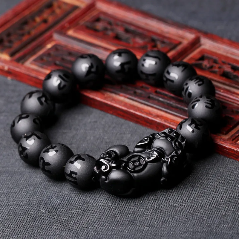 

Natural Frosted Black Obsidian PiXiu Bracelet Buddhist Prayer Brave Troops 6-Words Beaded Bangle Bracelets DIY Dropship Jewelry