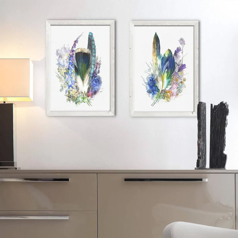 Холст в рамке с принтом перьев художественный принт цветы Акварельная живопись