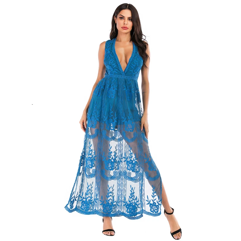 SESOAF Women Sexy Short Sleeve Long Dress Deep V-Neck Lace Romper Hot Selling On Amazon Maxi Party Wedding Vestido | Женская одежда