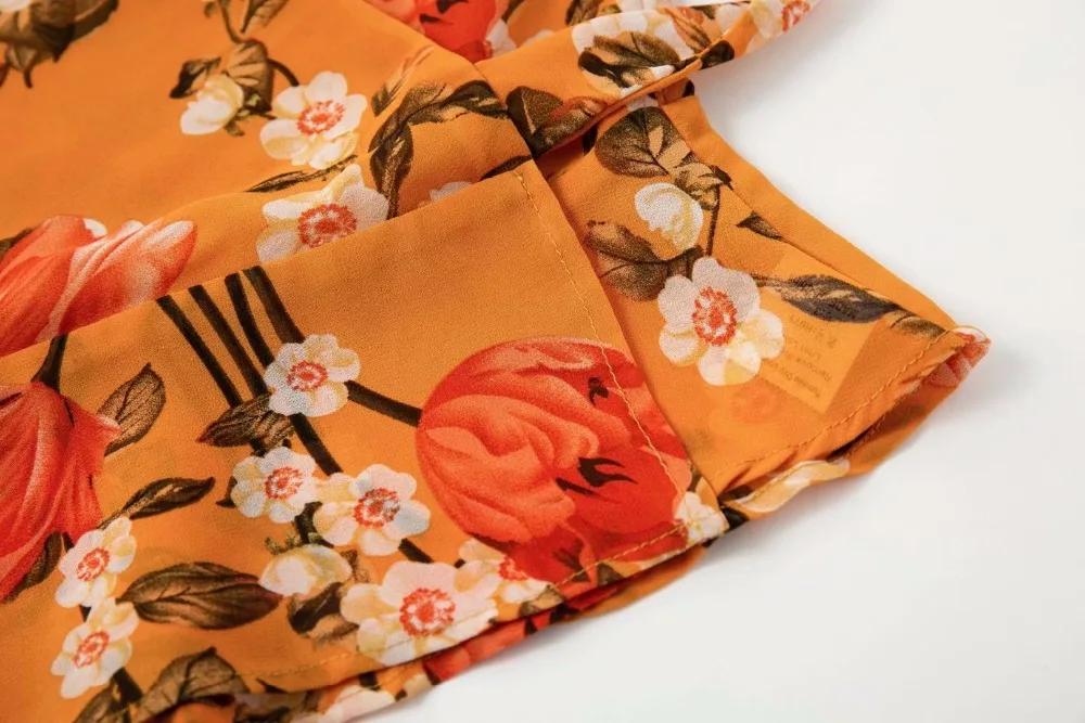 Orange Floral Print Blouse 2019 Wrap Shirt V Neck crop Blusa Feminina Vintage Chiffon Women Top and |