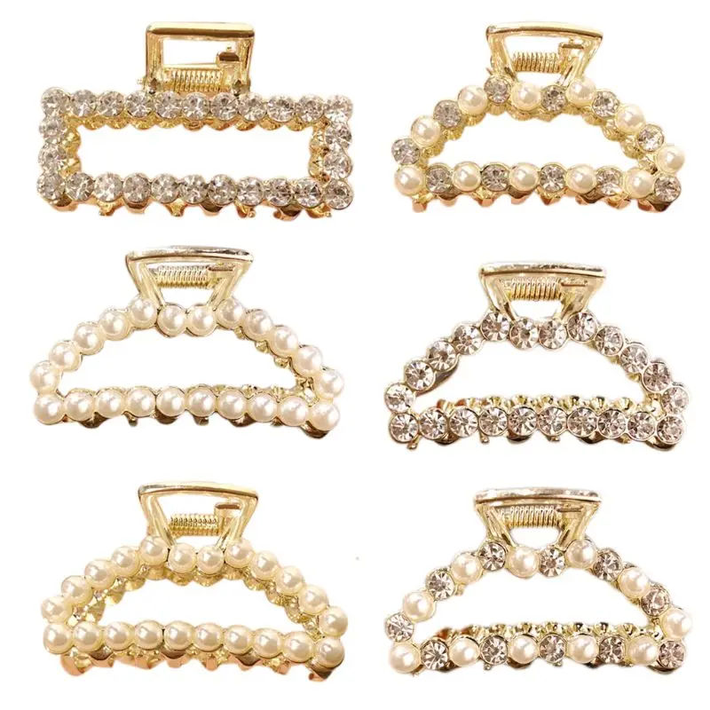 

Women Ladies Korean Style Metal Alloy Side Hair Claw Luxury Faux Pearl Glitter Rhinestone Jaw Clip Hollow Out Geometric Hairpins