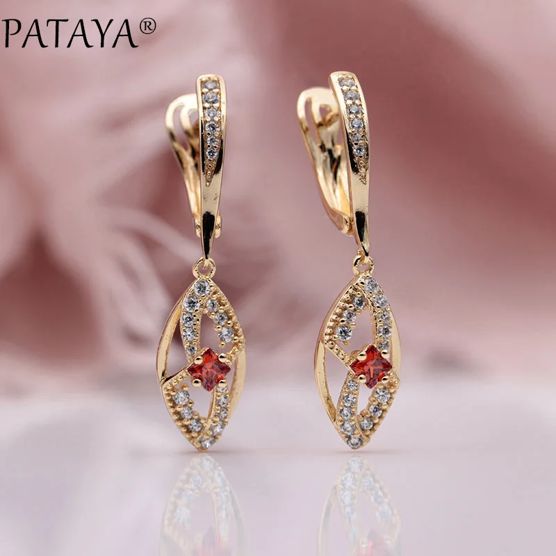 pomegranate red PATAYA, новинка, для женщин, для свадьбы, вечеринки, хорошее ювелирное изделие, 585, розовое золото, микро-воск, инкрустация гранатом, красный, натуральный циркон, длинные висячие серьги - Окраска металла: pomegranate red