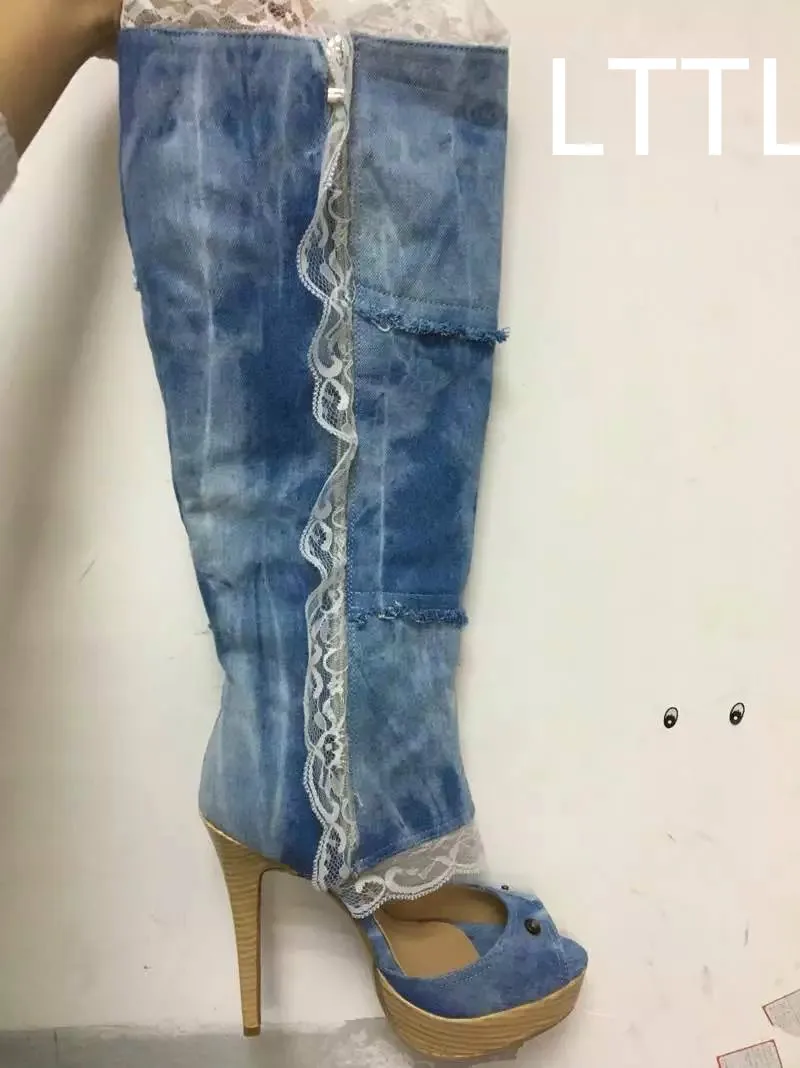 Lttl настоящее pic 2017 новинка denim peep toe вырез сапоги женщины Супер Тонкий Высокий