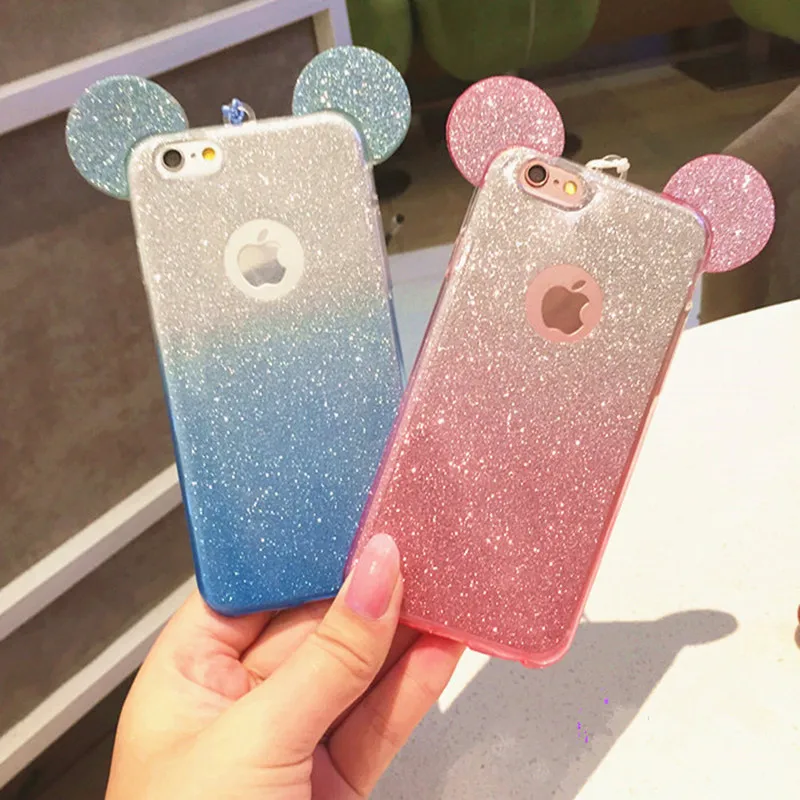 Ainike Mouse Ear Phone Case Bling Glitter Sticker With Strap For Samsung Galaxy Note8 J730 A3 J520 S5 S6 S7edge S8 S9 Plus G530 |
