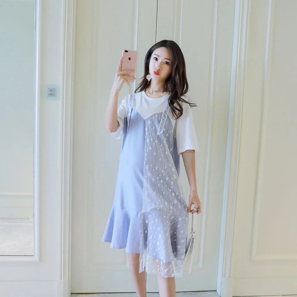 

Fake 2PCS Pregnant Woman Loose Causal Dress Maternity Woman Short Sleeve Cotton Dress Pregnancy Photography Dress Clothes