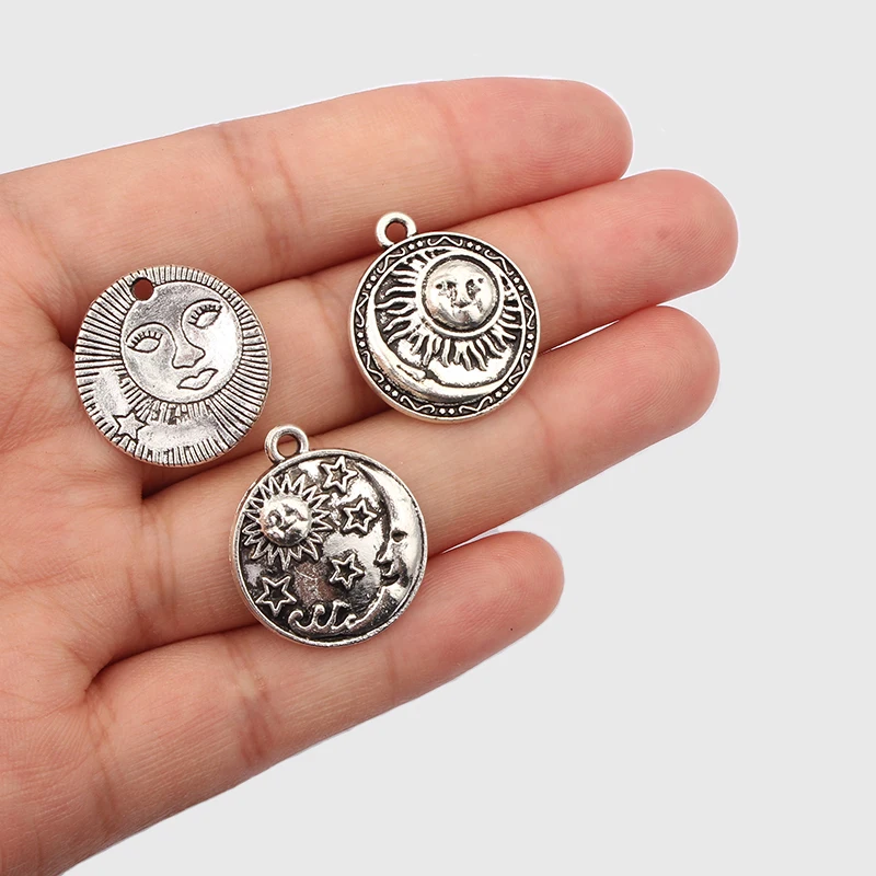 

20PCS Tibetan Silver Round Star Sun Moon Heavy Charms Pagan Pendants for DIY Jewelry NeckLace Making Findings