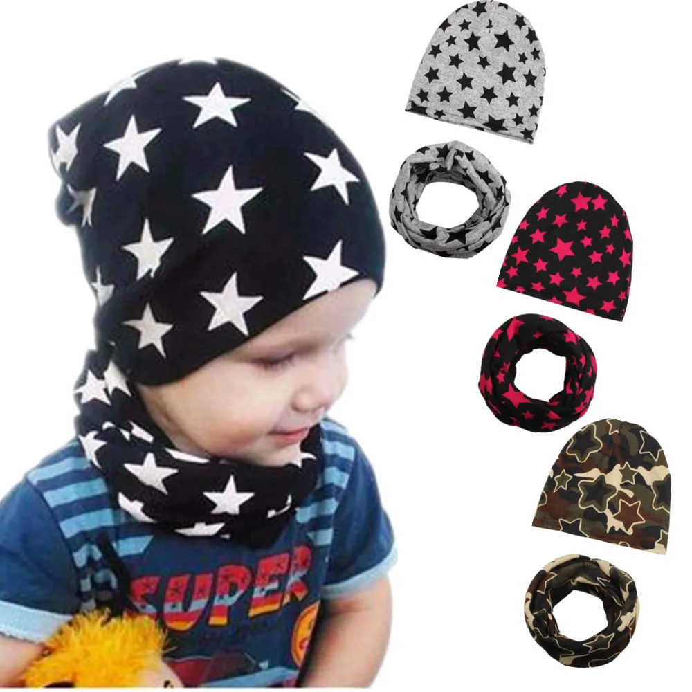 Детская шапка + шарф с рисунком звезд милая детская для мальчиков и девочек