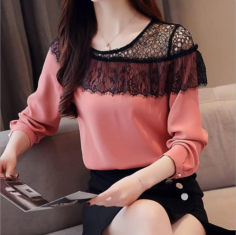 

2019 Spring New Korean Fashion Clothing Hollow Out Lace Chiffon Sweet Office Lady Elegant Women Blouses Tops Shirt