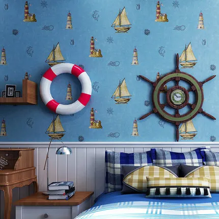 

Top quality Mediterranean non-woven wallpaper children's room blue sailboat wallpaper boys and girls bedroom wallpaper roll