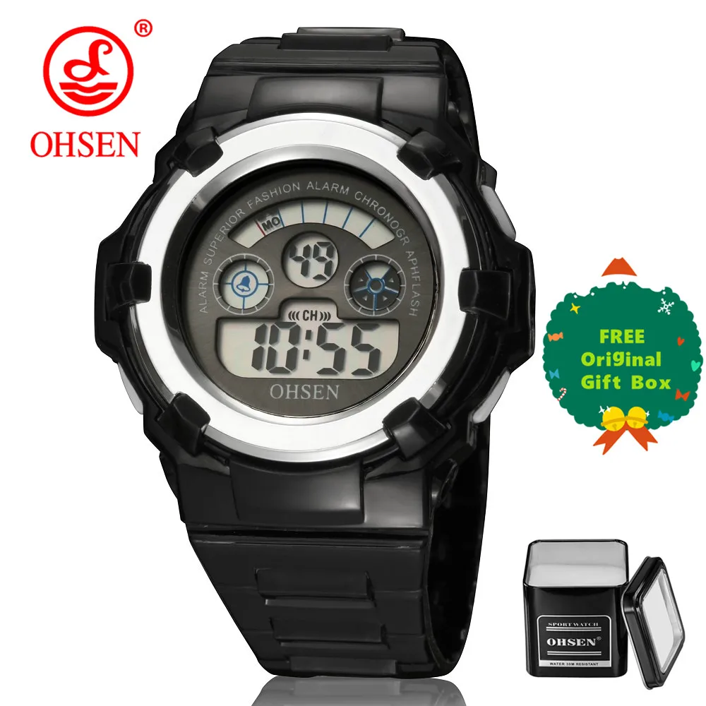 Black and gift box OHSEN Топ студенческие цифровые часы спортивные часы для мальчика и девочки часы 30 м водонепроницаемые светодиодные электронные детские спортивные часы детские часы наручные часы подарок - Цвет: Black and gift box