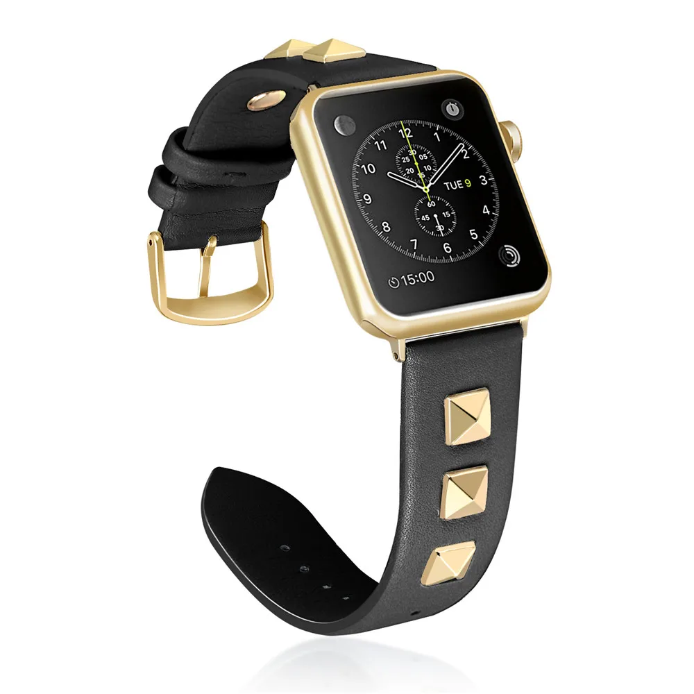 Black Gold buckle Модный кожаный браслет для наручных часов Apple Watch, версии 5 4 3 2 1 заклепки Стиль ремешок для наручных часов iWatch, 40/44/38 мм/42 мм черный, белый цвет наручный ремень - Цвет ремешка: Black Gold buckle