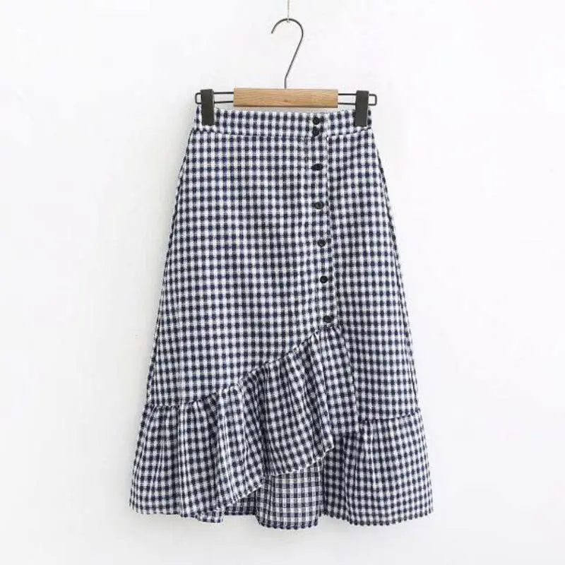 

ROPALIA Women Summer Girl Ruffle Plaid Skirt Sweet Student Midi Skirt Preppy Style High Waist Bow Female Vintage Button Skirt