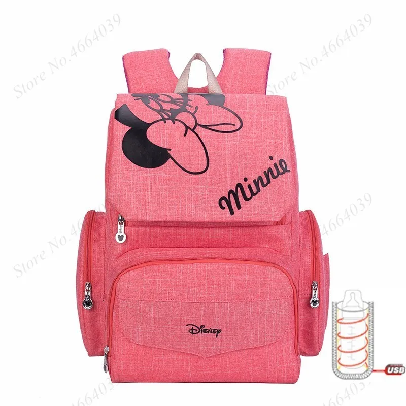 Pink with USB Heater Disney Микки Минни большой емкости Мумия Материнство подгузник сумка Детский дорожный рюкзак дизайнерская сумка для ухода за ребенком пеленки мешок - Цвет: Pink with USB Heater