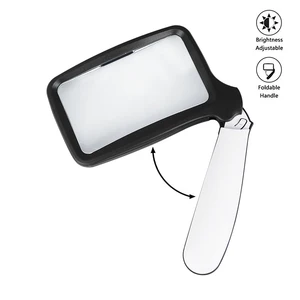 Folding Handle Magnifier 2X with 5 LED Rectangular Handheld Magnifying Glass for Seniors, Low Vision Book Map Newspaper Reading