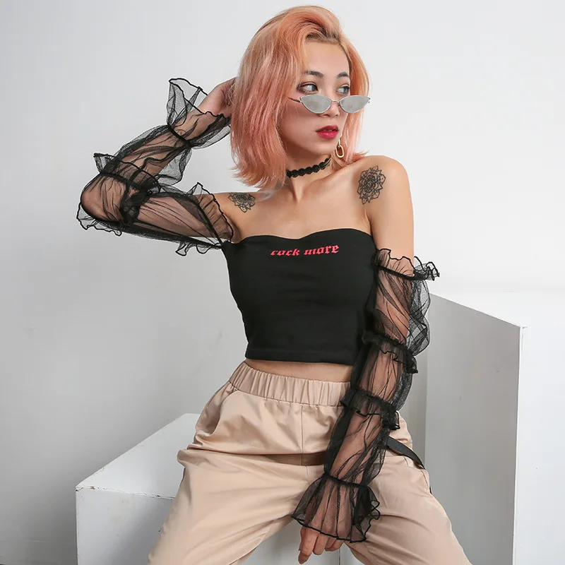 Сетчатое сшитое с длинным рукавом Верхняя футболка сексуальная открытыми