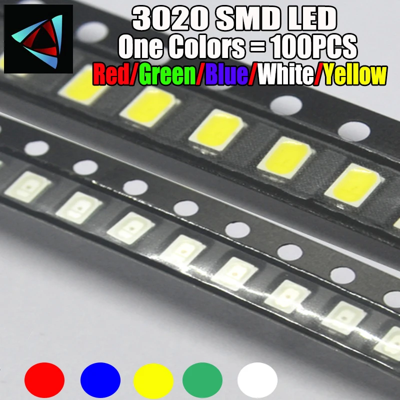 100 шт. 3020 SMD Светодиодные светоизлучающие диоды smd красный желтый синий зеленый