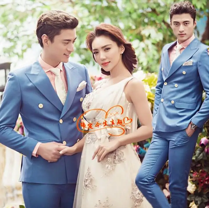 

Double breasted blazer men formal dress suit men costume homme terno masculino trouser marriage wedding suits for men's blue