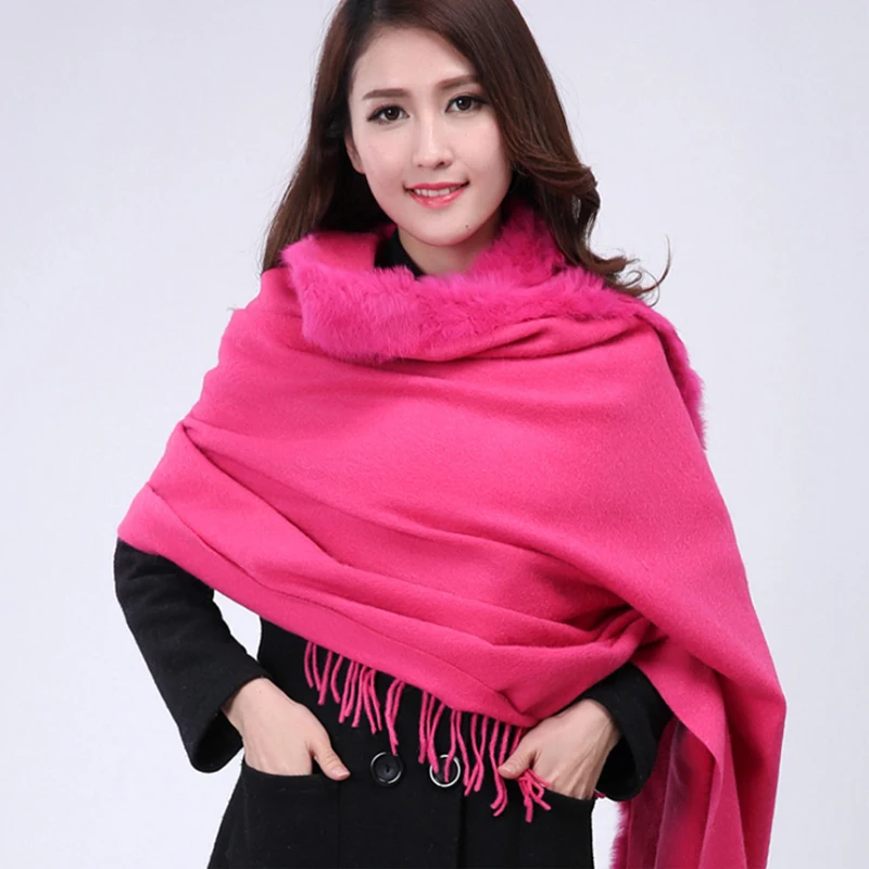 Однотонная винно красная женская шаль из 100% шерсти с кроличьим мехом новинка