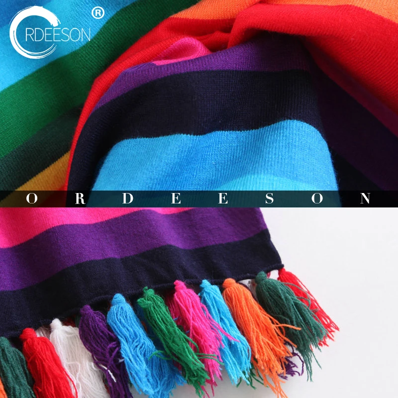 ORDEESON Rainbow Hot Drilling Tassel Tiger Head Turtleneck Winter Oversized Sweater Women Sweaters and Pullovers Poncho Jumper | Женская
