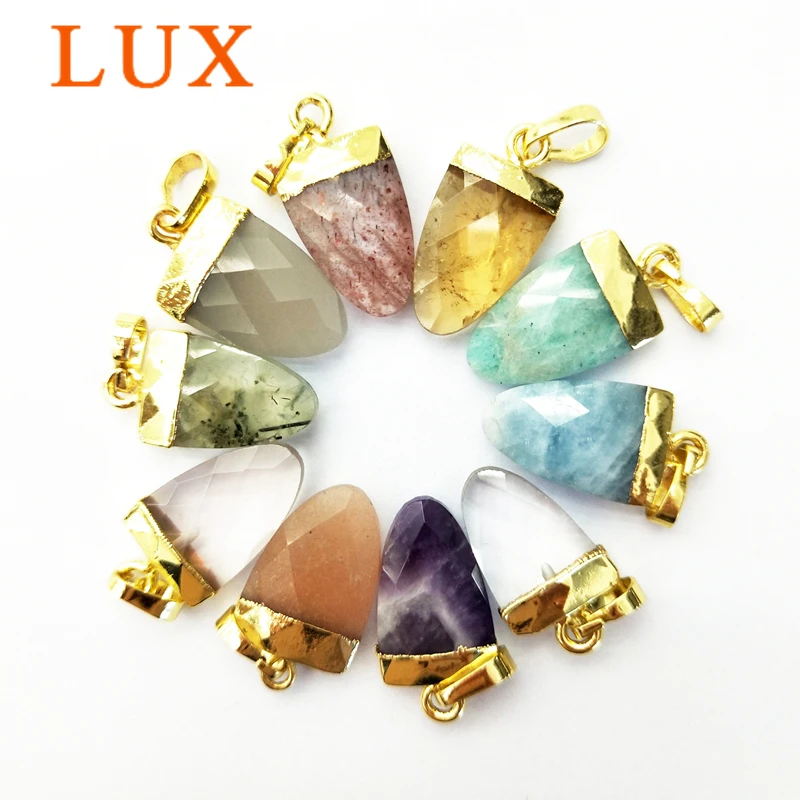LUX Natural Gem stone Charm White quartz Labradorites Amazonites amethysts Tiny shield Faceted Pendant with Gold color Plated | Украшения и