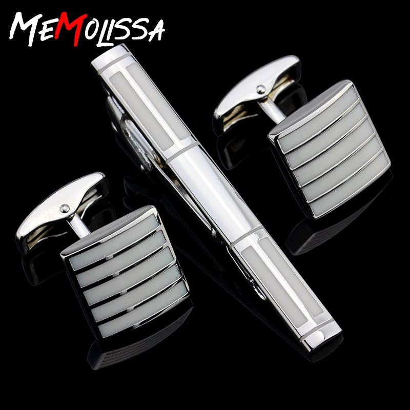 

MMS Stainless Steel Enamel White Cufflinks and Tie Clip Clasp Bar Set Drop SHIPPING For Men Gift French Shirt High Quality