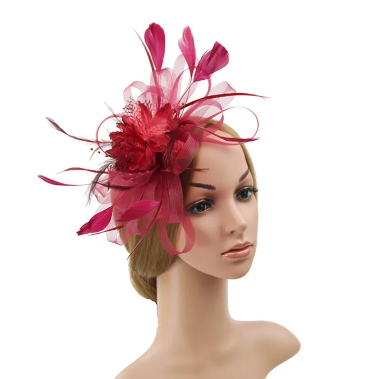 Wine red Шляпа Свадебная королевские шляпы цветок Pamelas Y Sombreros Para Bodas перья шляпка для церкви Зажимная лента шляпа для банкета Свадебная Тиара - Цвет: Wine red